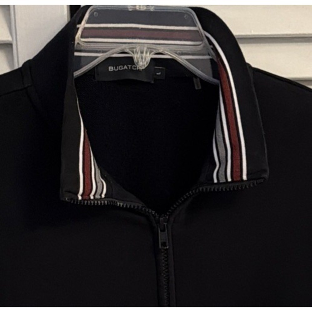 Bugatchi Mens Black Full Zip Track Jacket Sweatshirt Striped Trim Large EUC